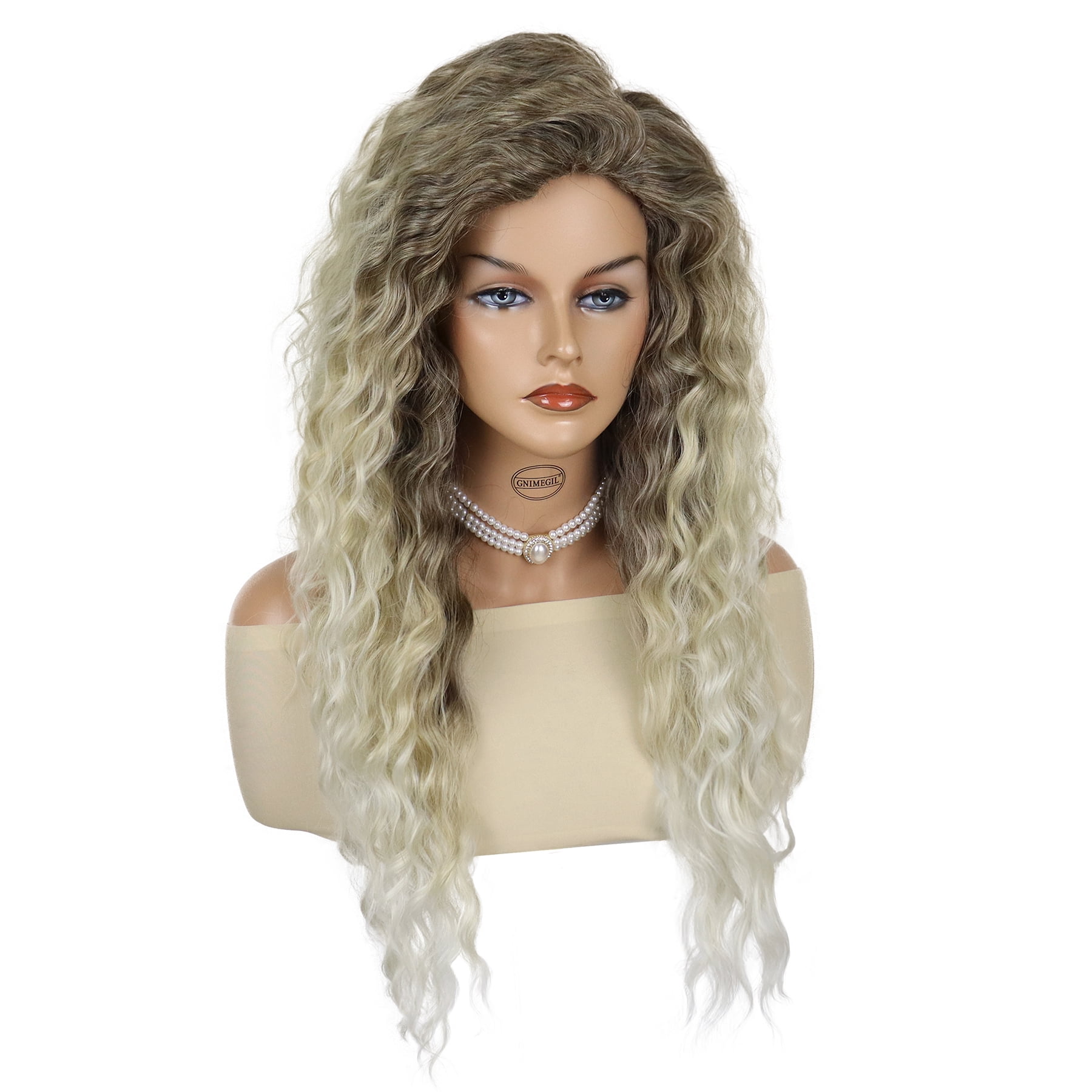 28 inch Long Ombre Blonde Curly Wigs for Women Gradient Color Ash Blonde Wig in Synthetic Hair