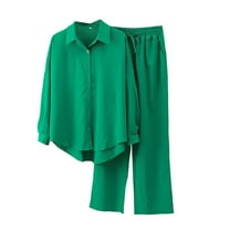 SWSMCLT Women's Long Sleeve Suits Holiday Chic Cozy Fall Long Sleeve Top With Pants Set 2 Piece Outfit Seersucker Green 6-8