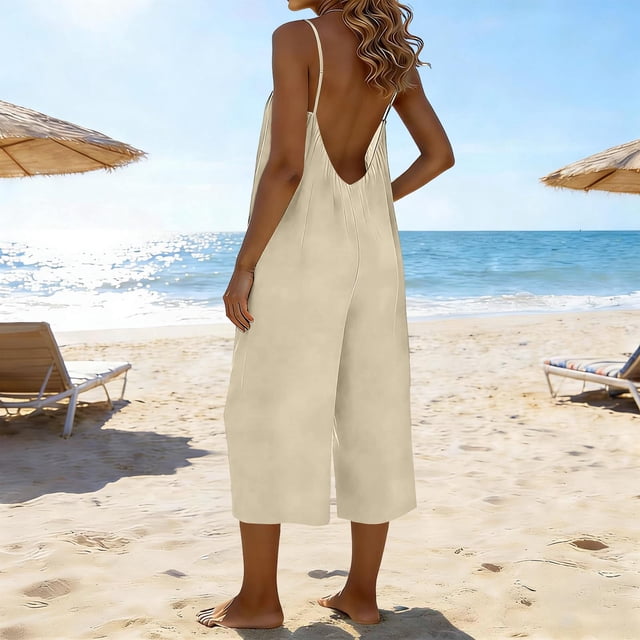 HongQid Women Jumpsuits Sleeveless Casual Wide Legs Backless Rompers Loose Overall with Pockets