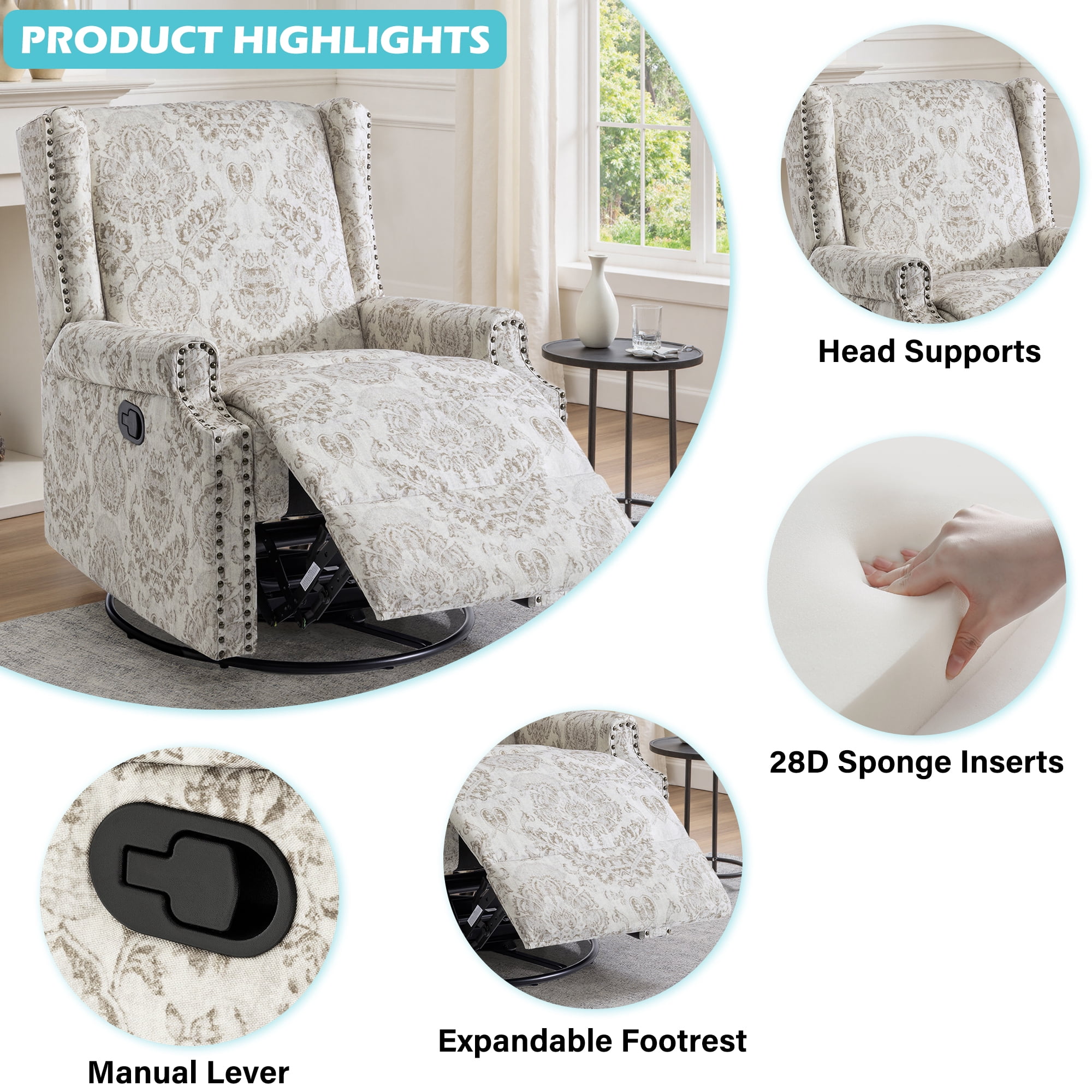 UIXE Swivel Rocker Manual Recliner Chairs Set of 2, Wingback Swivel Glider Fabric Nursery Reclining Sofa Chair, High Back Upholstered Arm Chair for Living Room Bedroom, Beige