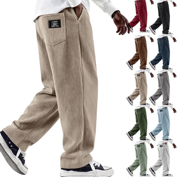 Casual Corduroy Pants for Men Big and Tall Wide Leg Elastic Waist Loose Fit Jogger Pants with Pockets Vintage Streetwear Trousers
