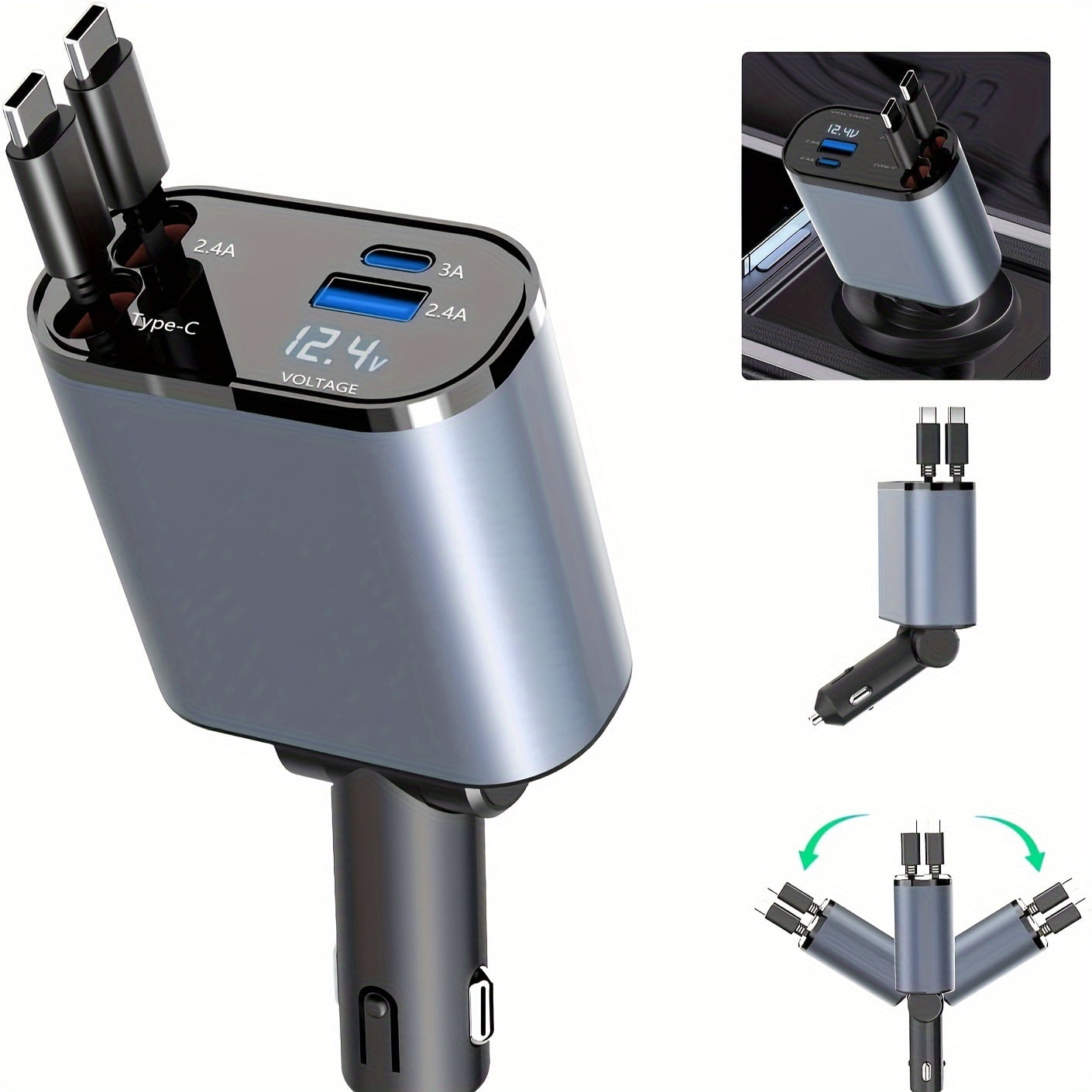 4-in-1 Car Charger with Dual Retractable Cables Dual USB-C PD Fast Charging Ports,Car Plug Adapter with Voltage Display,Matte Plastic Flat-Shaped 50-80W Power Output,Multi-Port USB Car Charger Adapter