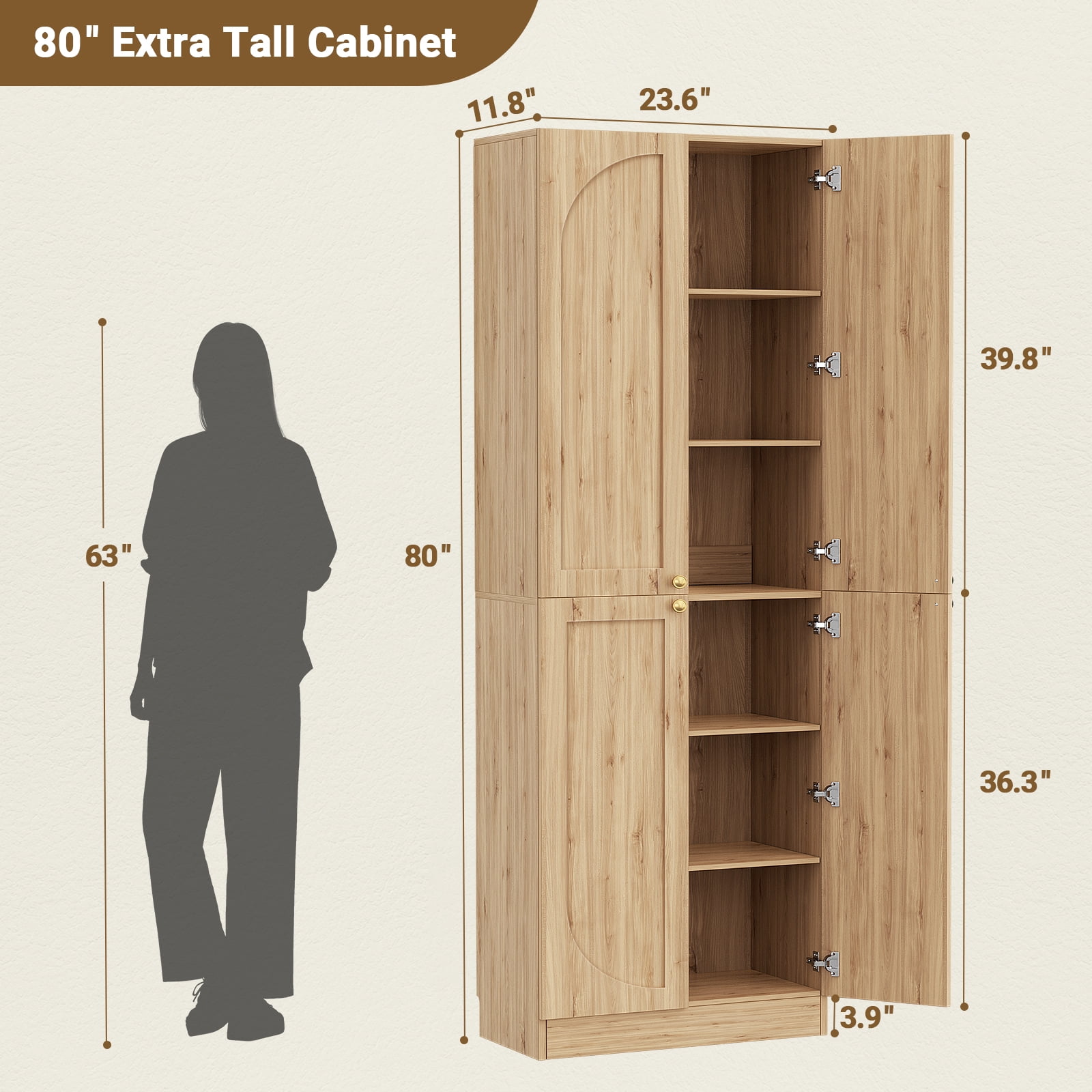 Homieasy 80" Kitchen Pantry Cabinet, Extra Tall Arch Storage Cabinet, Natural