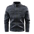 thumbnail image 2 of CHEEREAM Men's Faux Leather Jacket Vintage Stand Collar Motorcycle PU Leather Outwear Coat with Pockets Blue 3XL, 2 of 5