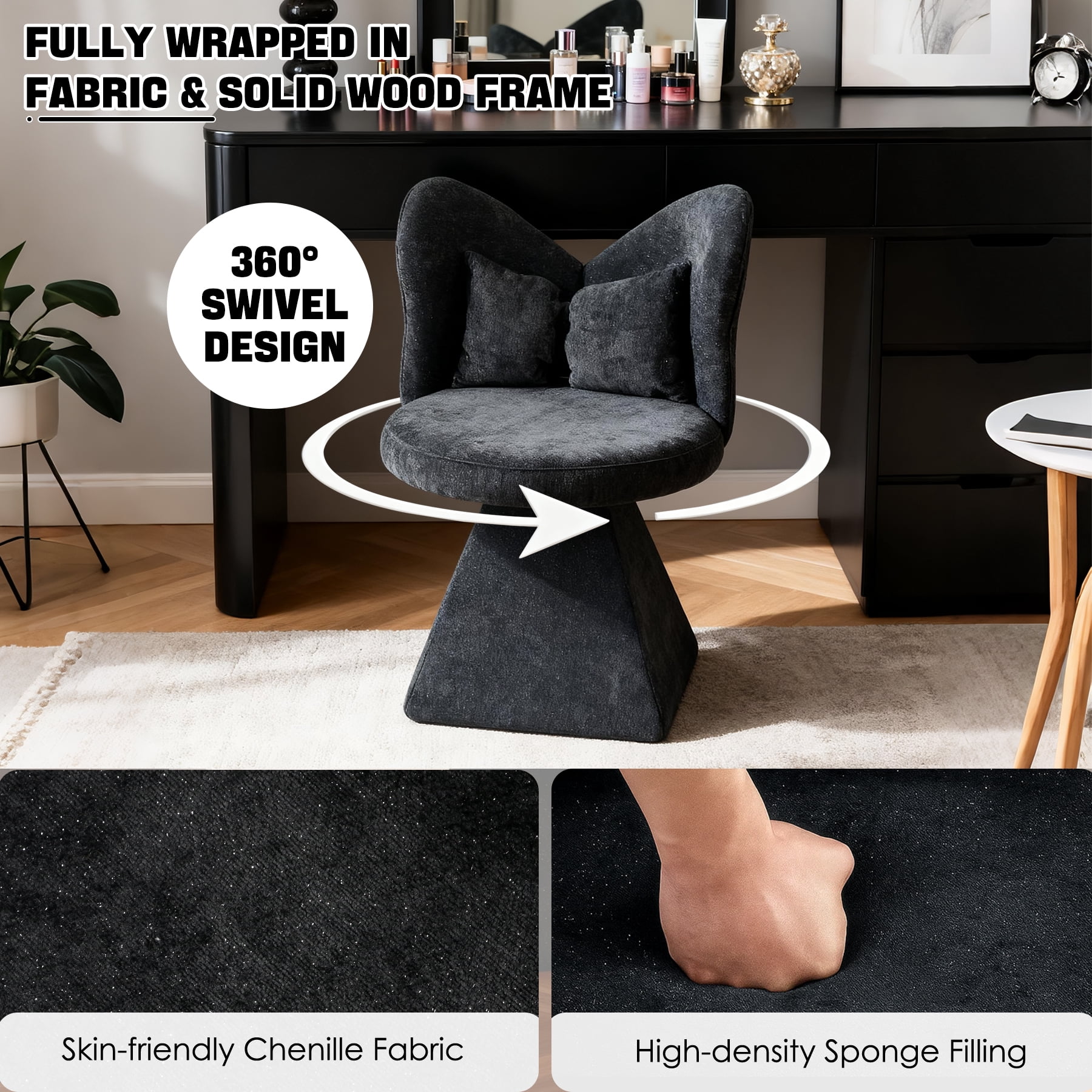 Black Swivel Vanity Chair | 360° Rotating Makeup Chair with Butterfly Back, Chenille Velvet Accent Chair with Decorative Pillow – for Bedroom, Dressing Table, Living Room, Dining, Home Office & Study