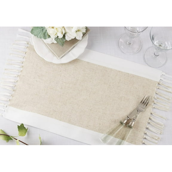 Fennco Styles Two-Tone Banded Design Placemats with Tassel 14" W x 20" L, Set of 4 - Natural & White Linen Blend Table Mats for Everyday Use, Banquets, Family Gathering and Special Events