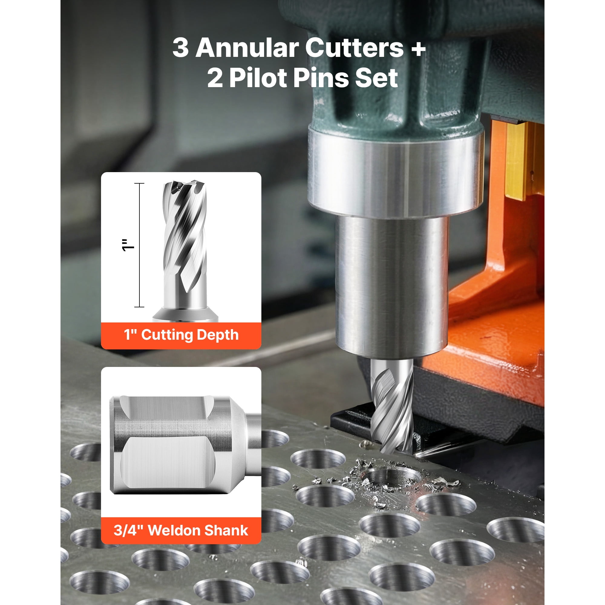 KFFKFF Annular Cutter Set, 5-Piece Weldon Shank Drill Bit Kit, 1" Depth, 1/2" Diameter, HSS Material, Includes 3 Drill Bits, 2 Pilot Pins, and 3 Storage Cases, Compatible with Magnetic Drills
