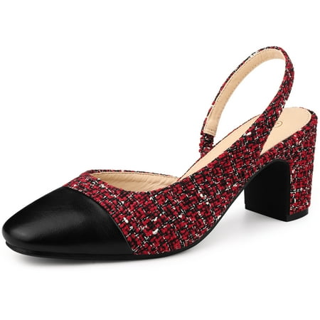 

Unique Bargains Women s Plaid Cap Toe Slingback Chunky Heel Pumps