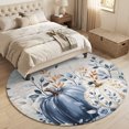 thumbnail image 4 of Round Area Rugs 5Ft, Navy Blue Pumpkins Fall Non-Slip Washable Circle Rugs Carpet, Thanksgiving Wooden Eucalyptus Leaves Indoor Outdoor Rug Floor Mats Throw Runner for Bedroom Living Room Bathroom, 4 of 8