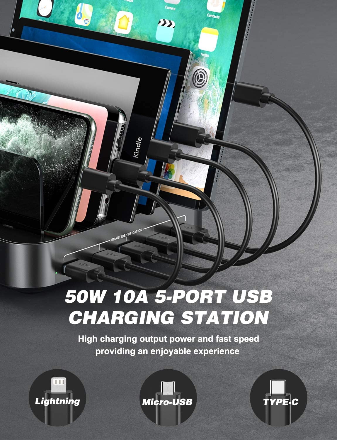 Charging Station for Multiple Devices, 5 in 1 Multi USB Charger Station with iWatch & Airpod Stand and 8 Mixed Short Cables, 50W Charging Dock Compatible with iPhone, iPad, Cell Phone, Tablets