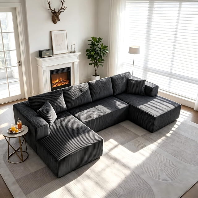 Compressed Boneless Couch, Sectional Couch Sofa with U-Shaped Chaise Longue, Modern Modular Couch with Deep Seats, Pillow Sofa for Living Room and Bedroom