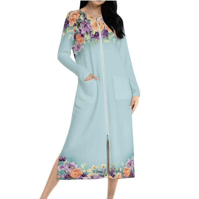 Ovingeta Robe de Pyjama pour Femmes Vêtements de Détente Amples Robe de Nuit à Fermeture Éclair Raglan Vêtements de Nuit Automne Hiver Vêtements de Maison Manches Longues PJs