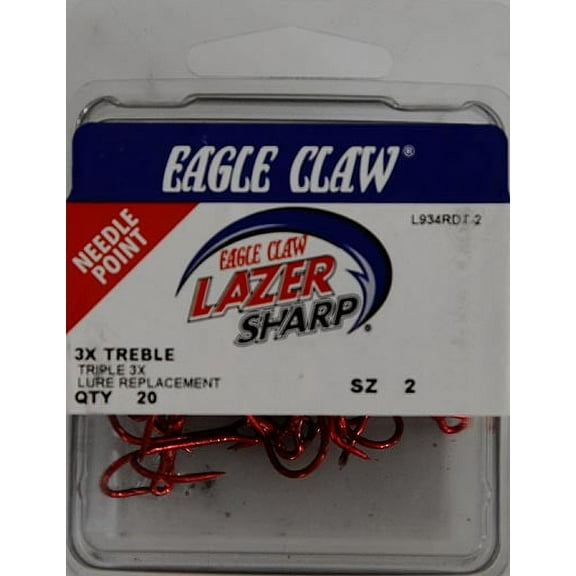 Lazer Sharp L934RDT3-2 3X Treble Round Bend Hook, Red, Size 2, 20 Pack