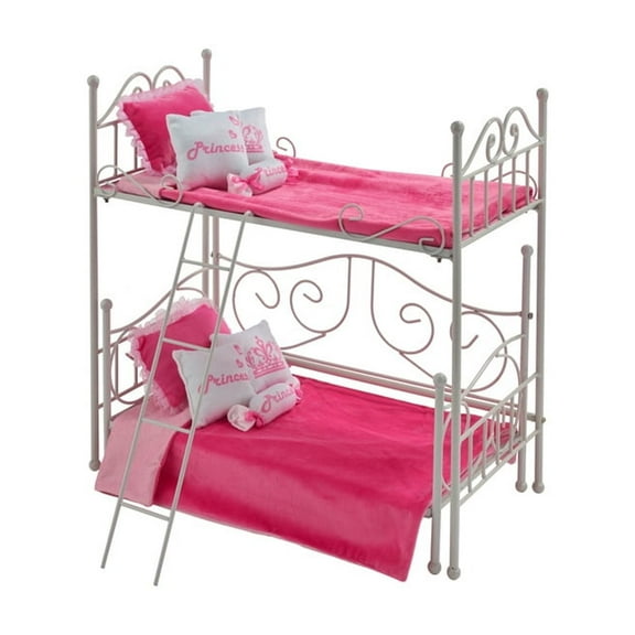 Metal Doll Bed Set - White Pink Bed with Daybed, Ladder & Bedding for 18" Dolls