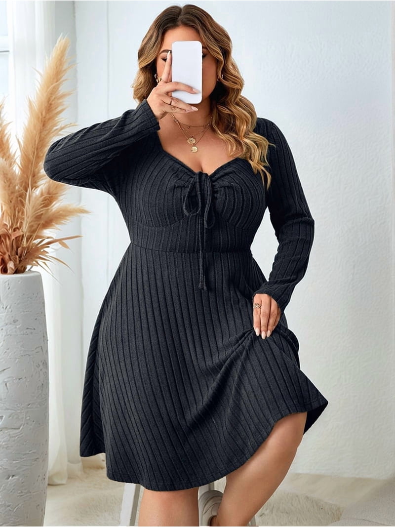 plus size casual knit dresses Daring Diva Plus Size Round Neck Long Sleeve Casual Knit Dress 2X Black, Women's, Size: 2XL