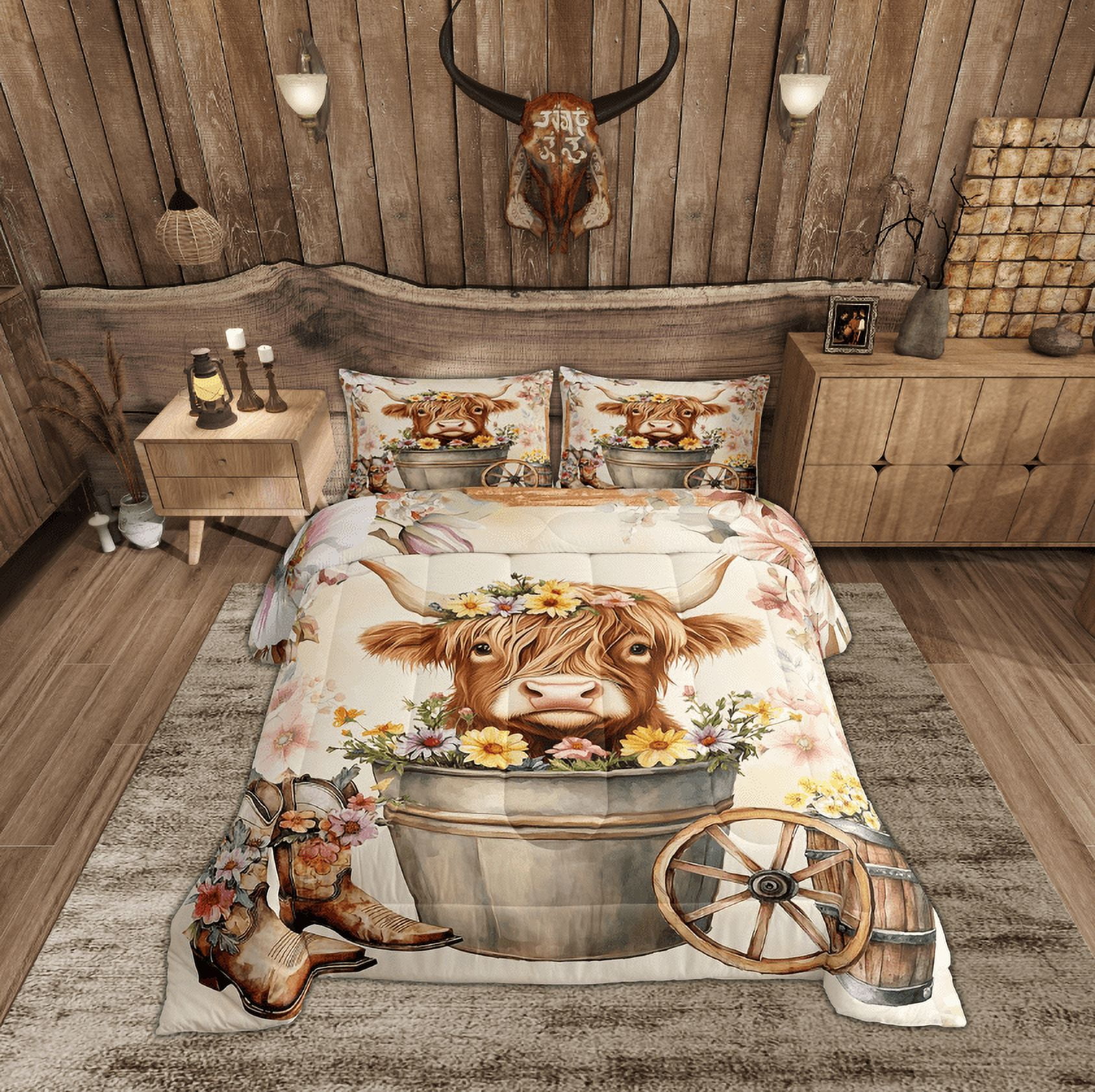 Erosebridal Kawaii Highland Cattle Comforter Sets Twin Size, Western Cowboy Cowgirl Boots Comforters & Duvets, Colorful Flower Room Decor, Reversible 2pcs