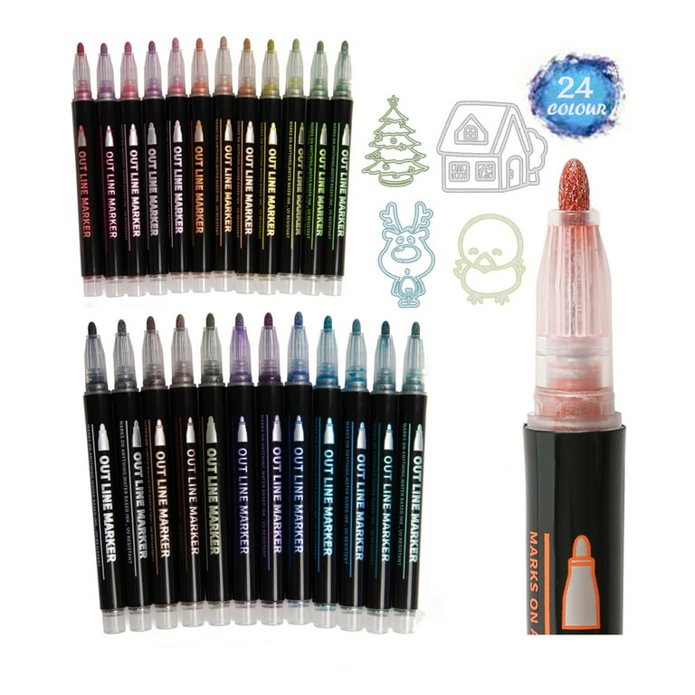 AKARUED Outline Shimmer Markers Set: Self Outline Metallic Marker Glitter  Pens Set, 12 Colors Double Line Pens Fancy Markers for Kids Ages 8-12