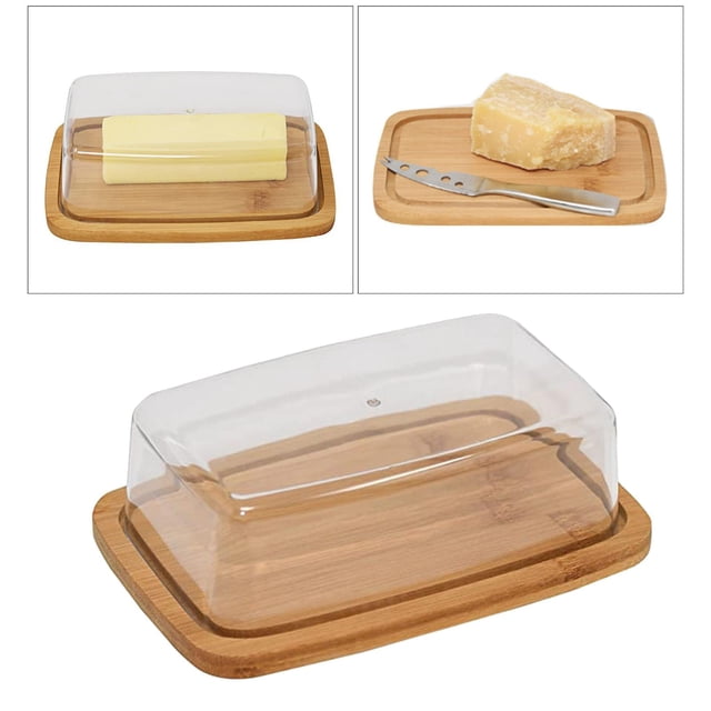 Square Butter Dish with Lid Acrylic Butter Dish Box Container Cheese Server Storage Keeper Bamboo Tray with Clear Lid Butter Container BLESIY plato de mantequilla