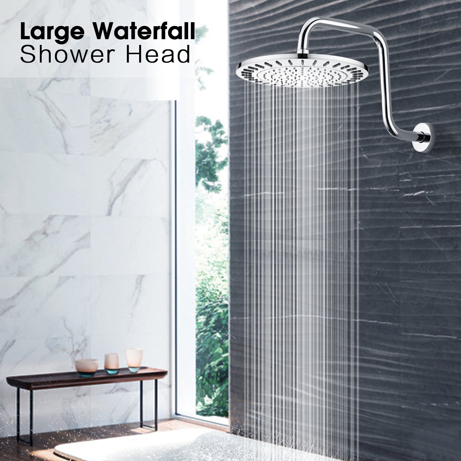 BRIGHT SHOWERS Rain Shower Head, 9 Inch High Pressure Waterfall Showerhead with Adjustable Angle and Anti-clogging Silicone Nozzles, Luxury Bathroom Overhead Rainfall Shower Head, Chrome