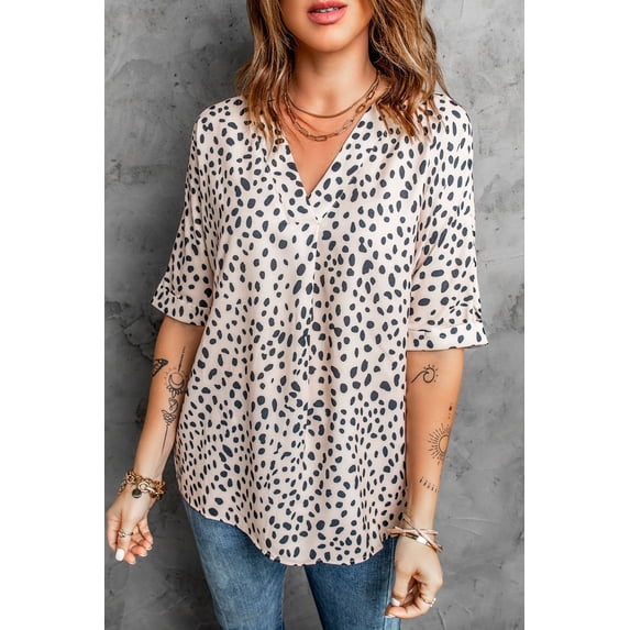 Spots Print Split V Neck Half Sleeve Blouse