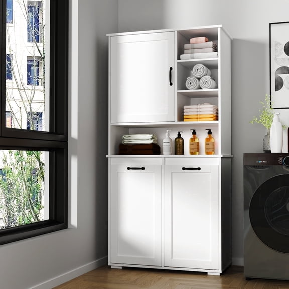 62"Tall Laundry Room Cabinet, Wood Double Trash Can Cabinet with Adjustable Shelves,Open Storage, Modern Pull Out Laundry Hamper for Bathroom, Kitchen