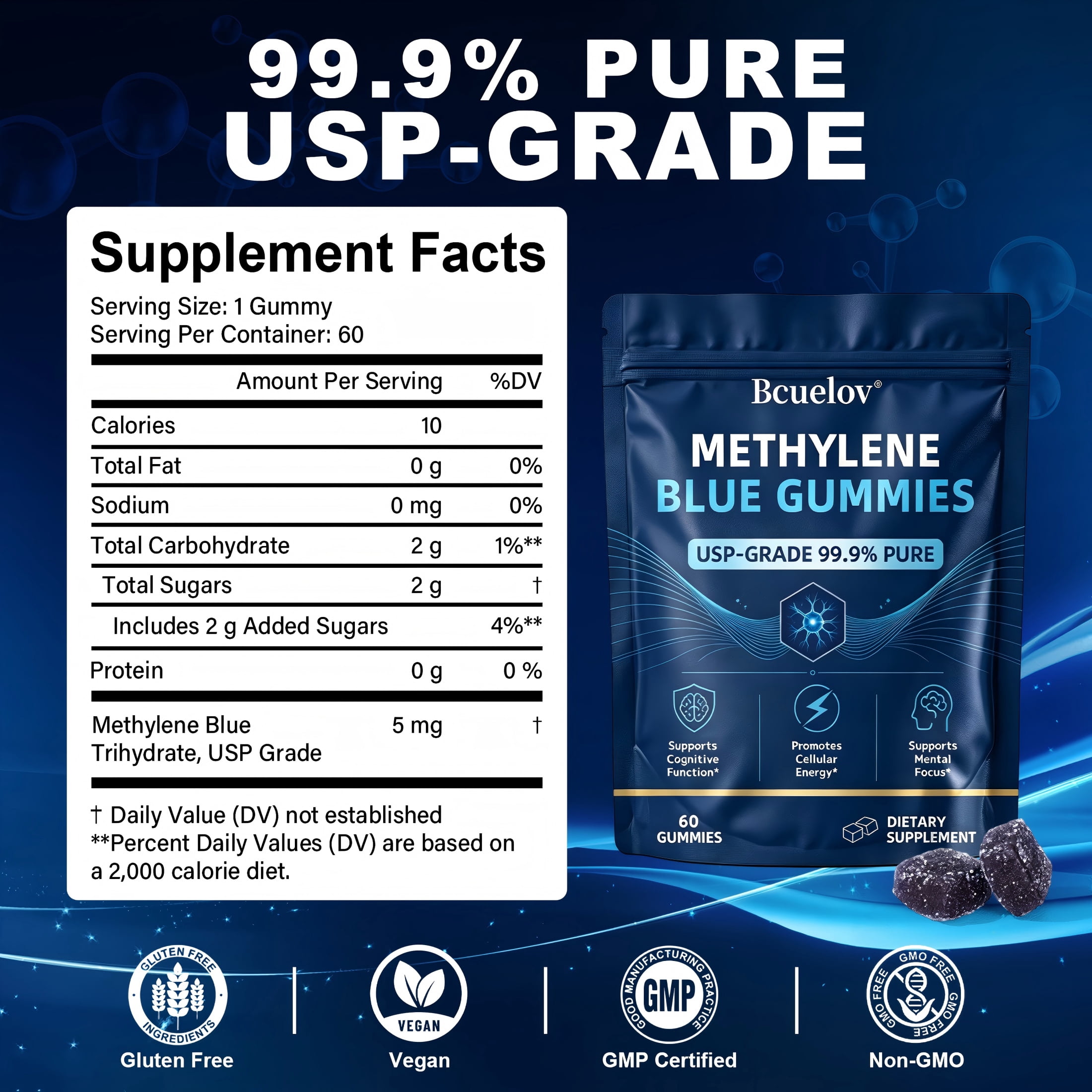 Bcuelov Methylene Blue Gummies,USP Grade, 5mg Per Serving,60 Count