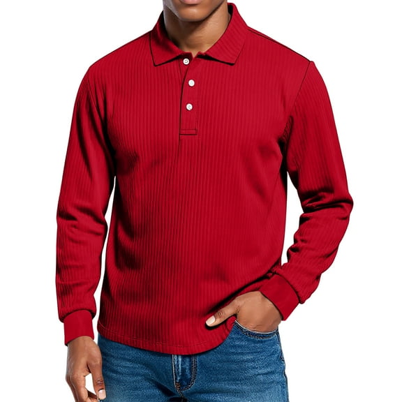 Dwelliawo Men's Polo Shirts Casual Collared Stylish Golf Tee Ribbed Button Classic Long Sleeve Shirts Red 3XL