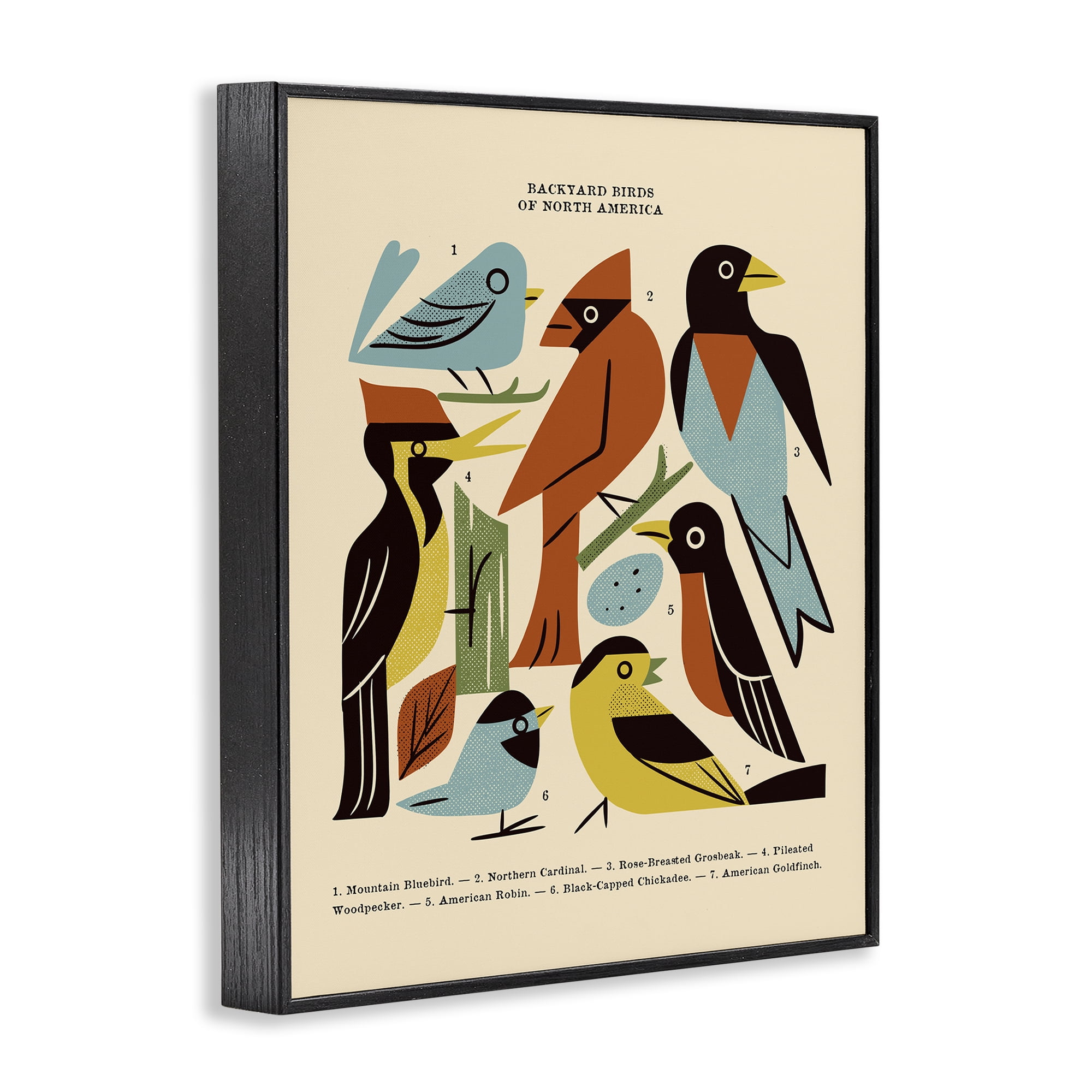 Backyard Birds Midcentury Modern Black Framed Giclee Art, design by Renea L. Thull