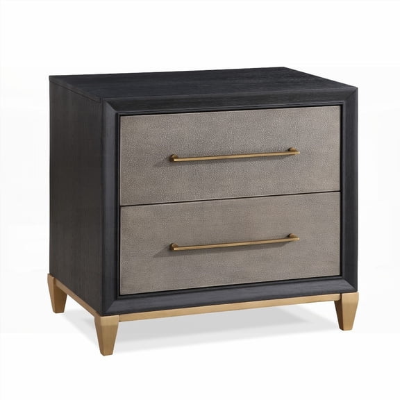 1pc Nightstand with Dark Wood Finish, Brushed Gold Hardware, Tapered Legs and Two Drawers