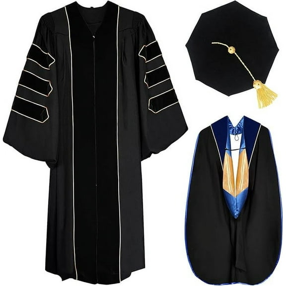 Misscom Unisex Deluxe Doctoral Graduation Gown Tam Hood with Gold Piping Doctoral Regalia
