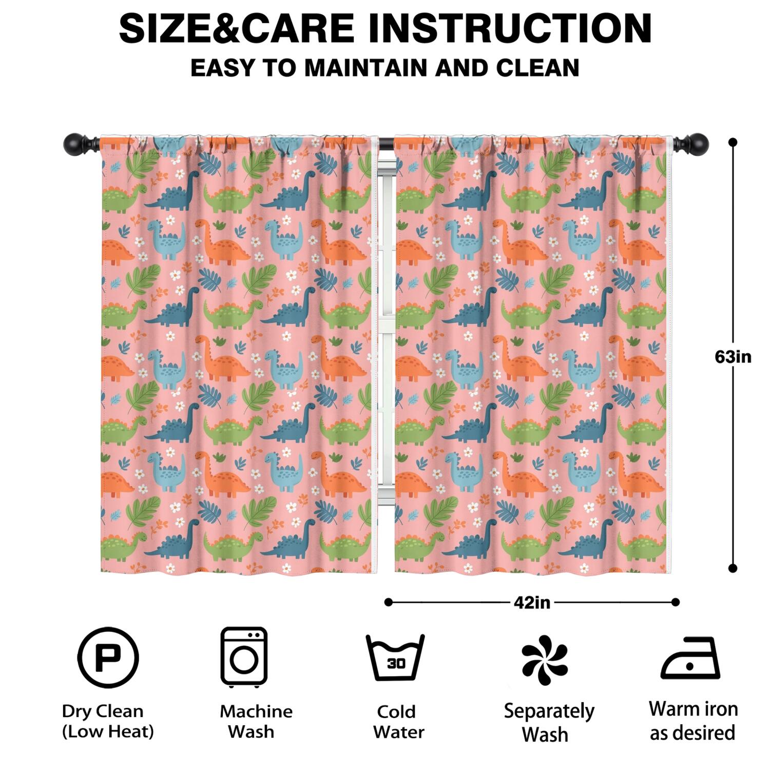 Blackout Kids Curtains,Pink Dinosaur Floral Pattern Childrens Insulated Curtains Set Of 2,Bedroom Essentials,Toddler Room Decor 42"x63"