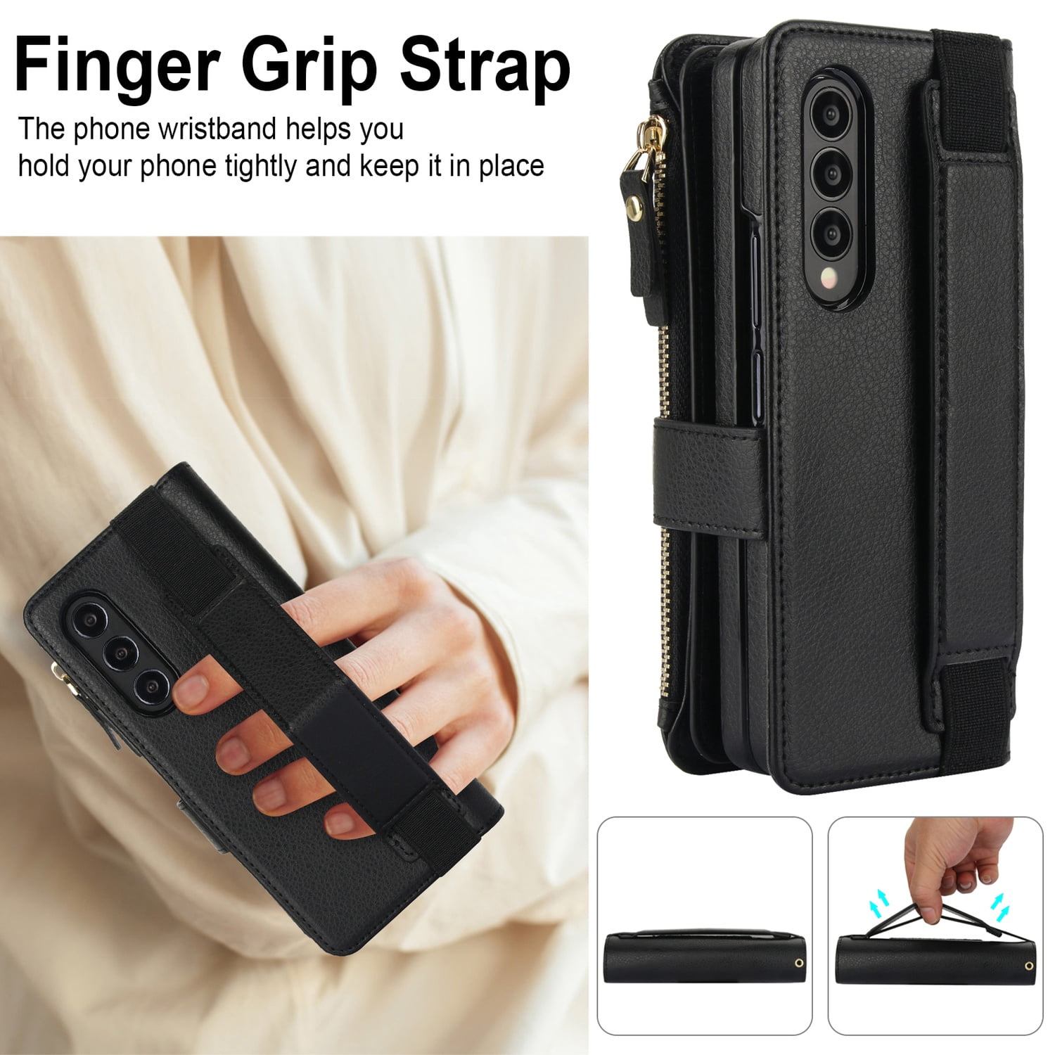 for Samsung Galaxy Z Fold 3 Wallet Case with S Pen Holder, Magnetic Closure with RFID Blocking ID Card Slots Zipper Purse PU Leather Flip Kickstand Lanyard Phone Case,Black