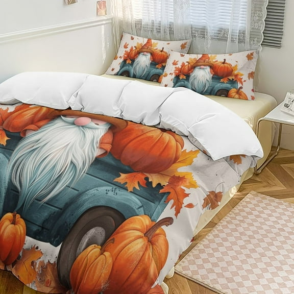 Autumn Pumpkin Gnome Thanksgiving 3 Pieces Duvet Cover with Zipper Closure,Premium Polyester Lightweight Bedding Set