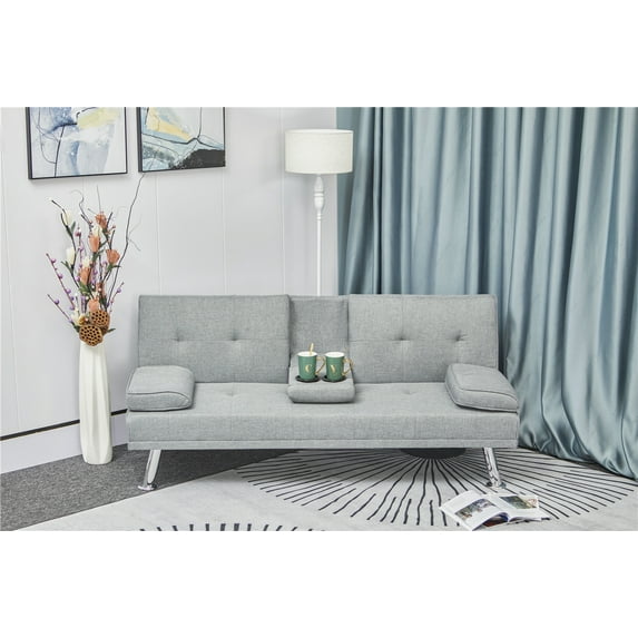 Futon Sofa Bed, Modern Linen Upholstered Convertible Sleeper Sofa Bed with Metal Legs and 2 Cup Holders, Folding Sleeper Couch with Removable Armrests for Living Room Bedroom, Light Gray