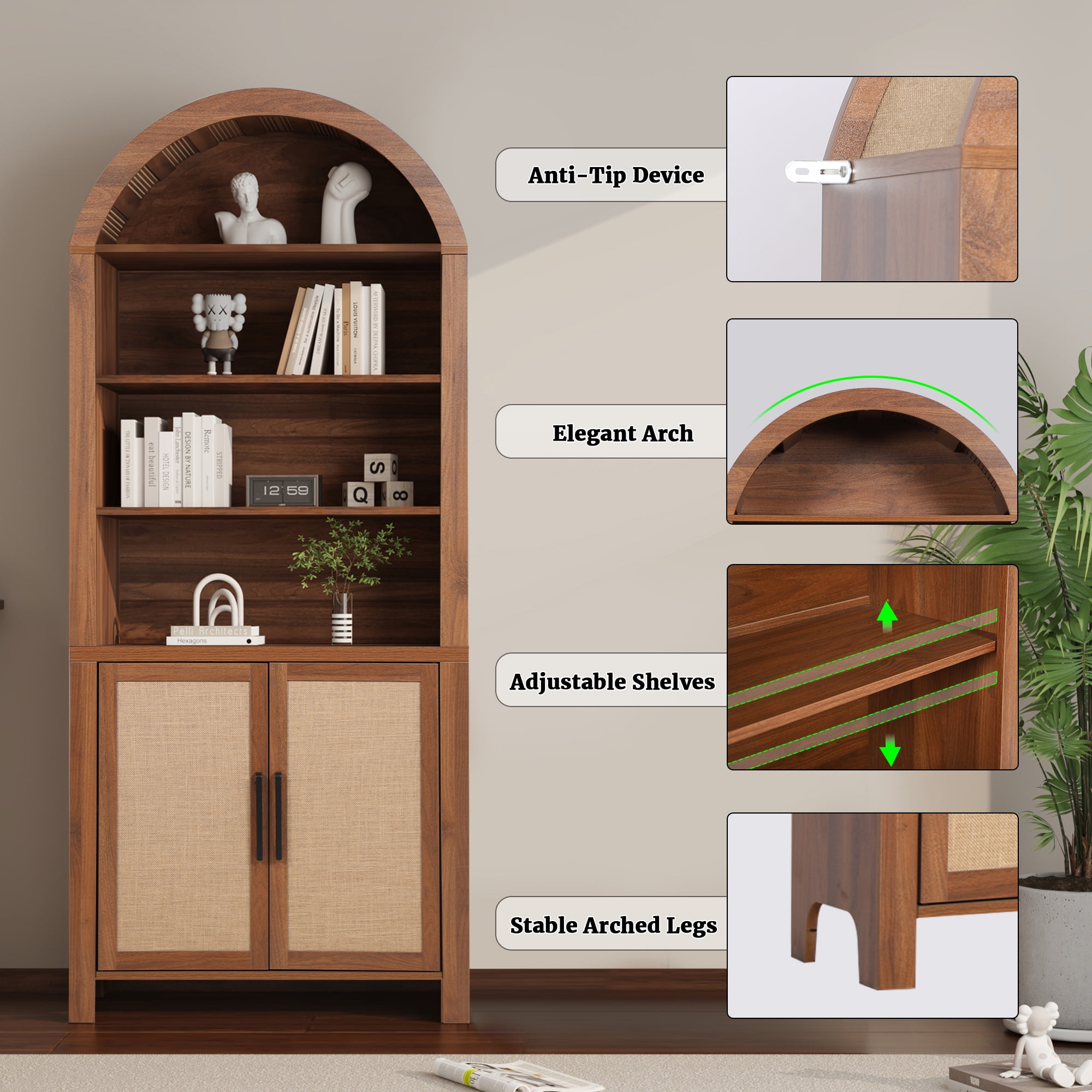 LEFHDA 71" Tall Bookshelf, Arched Bookcase with Doors, Mid-Century Modern 6-Tier Bookshelf with Storage, Rattan Open Display Storage Shelf Bookshelf for Living Room Bedroom & Classroom (Walnut)