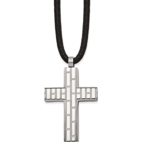 Stainless Steel Brushed & Polished Cross Blk Rubber Cord 19.5In Necklace (19.5 X 27.1) Made In China srn2917-19.5