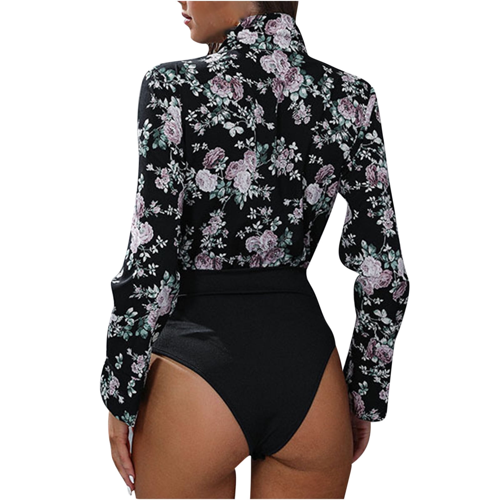 Womens Long Sleeve Bodysuit Blouses Dressy Print Flared Sleeves V