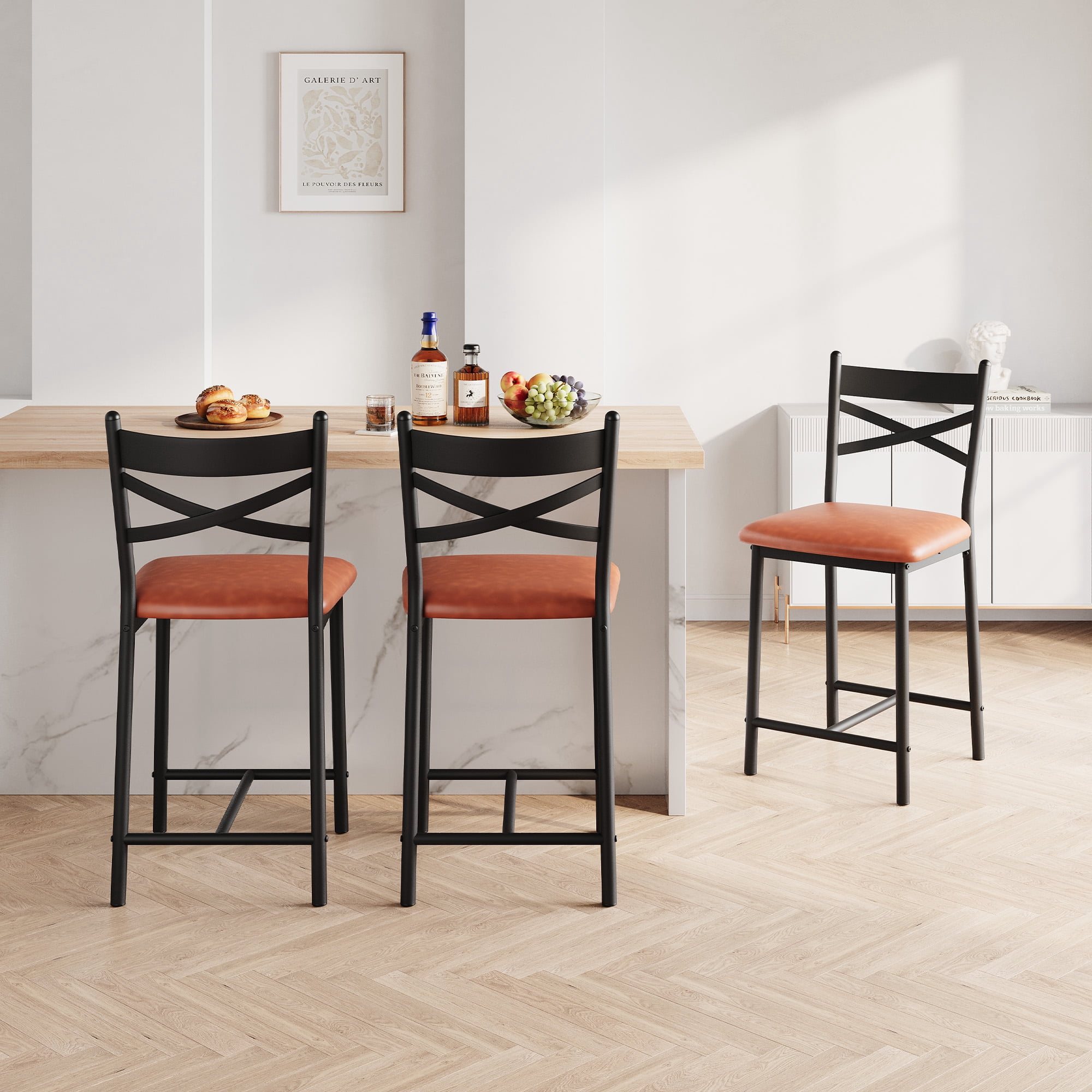Modern Bar Stool Set of 2, Upholstered Counter Height Bar Chairs with X-Back, Soft PU Leather, Heavy Duty Metal Frame for Kitchen Island Restaurant