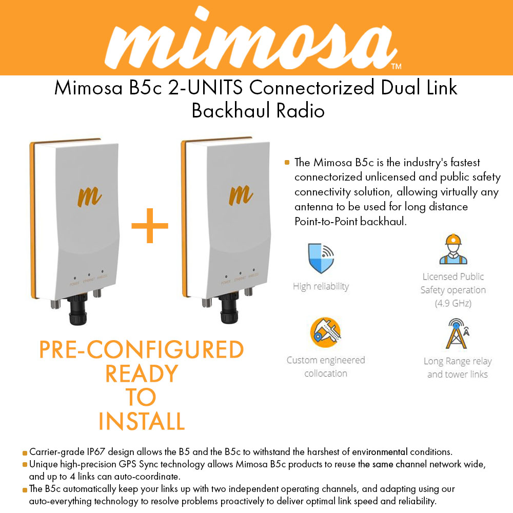Mimosa B5c 2-UNITS Connectorized Backhaul Radio 11ac Kit Complete Pre ...