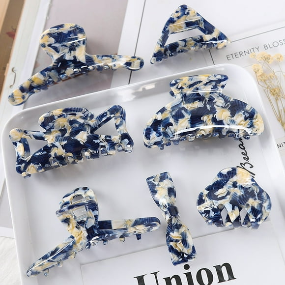 7 PCs Hair Claw Banana Clips Tortoise Claw Hair Clip Acrylic Hair Jaw Clips French Design Celluloid Hair Clamps Clips Non Slip Grip Jaw Clips for Women(Blue pattern)