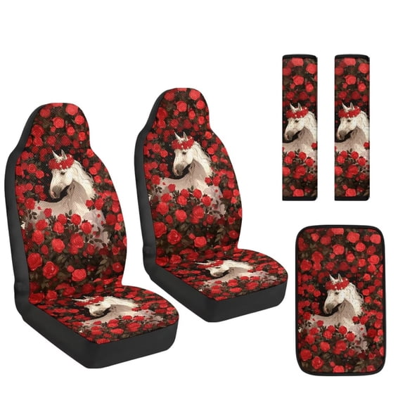 Xixirimido Horse Red Roses Print Car Seat Covers for Front Seats 5Pcs Car Accessories with Seat Belt Covers & Center Console Cover Universal Fit for SUVs,Vans,Trucks,Sedans