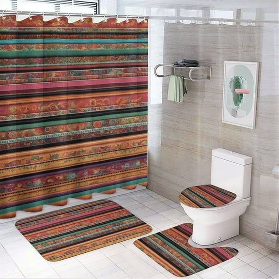 Mexican BOHO Strips 4 Pcs Bathroom Shower Curtain Set, Bathroom Sets with Rugs (Bath Mat, U Shape and Toilet Lid Cover Mat) and 12 Hooks,