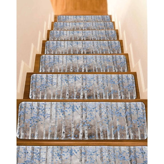Blue Brown Forest Stair Treads for Wooden Steps Indoor Runner Rug Carpet, Modern Oil Painting Art 10 Pieces Peel and Stick Staircase Step Treads Covers Washable Throw Door Mats, 30"x8"