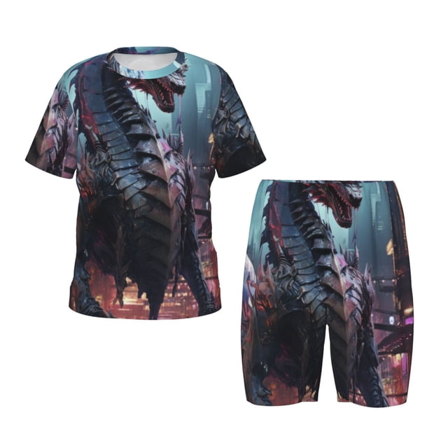 Fotbe Urban Mechanical Dragon Pijama Estampada de 2 Piezas para Niños – Ropa de Dormir de Manga Corta Cómoda para Niños y Niñas, Camiseta y Shorts de Algodón-4X-Large