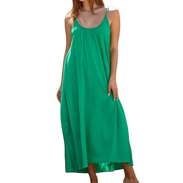 Yuyuzo Robes Maxi pour Femmes à Bretelles Spaghetti Sans Manches Robes d'Été Col Rond Plissées Décontractées Fluides Robe d'Été