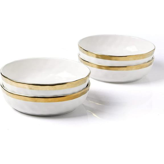 Florian 4-Piece Round Pasta Bowl Set, White with Gold Rim