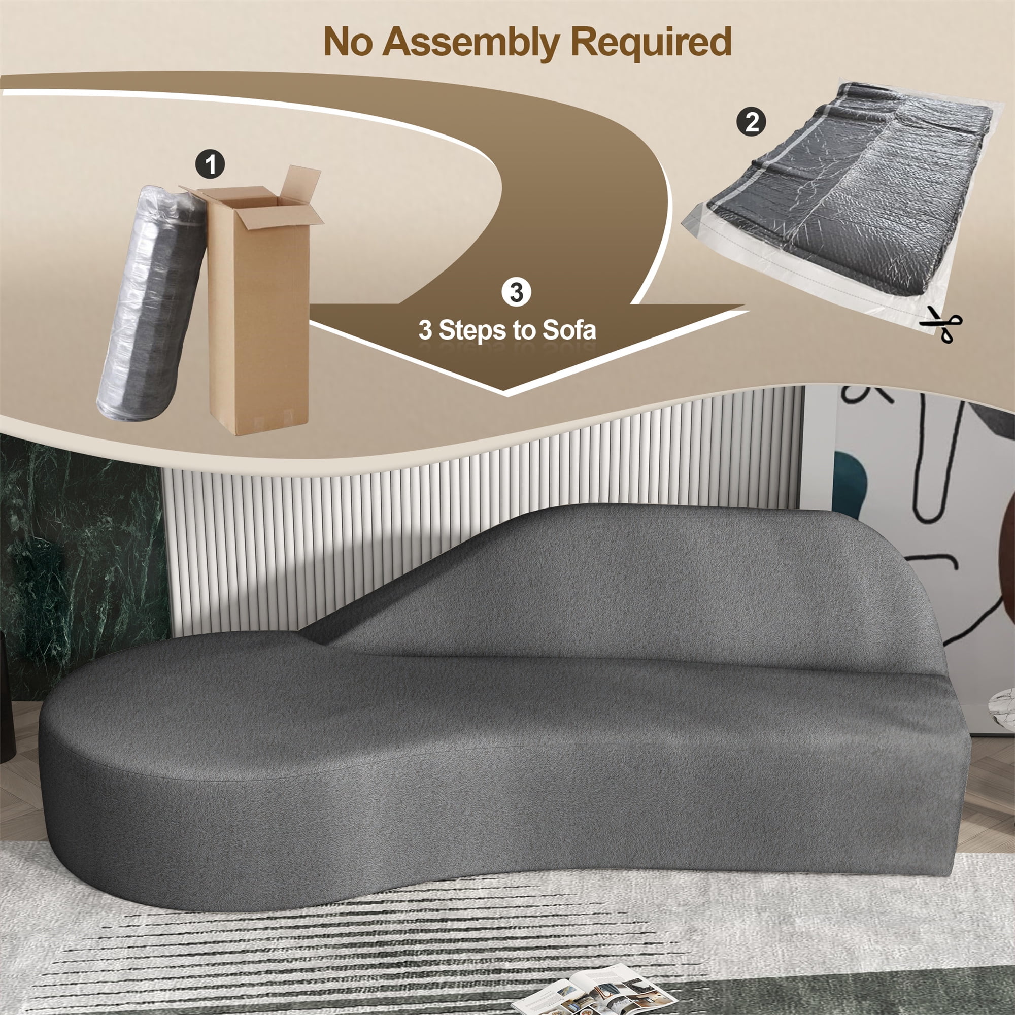 Aukfa 91" Comfy 3 Seat Sofa Deep Seat Curved Couch, No Assembly Boneless Sofa, Chenille, Gray