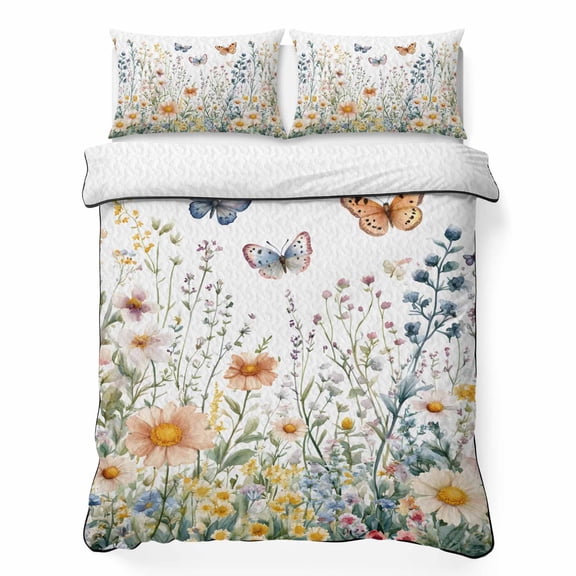 Twin XL Quilt Set 68''x98'', Spring Floral Lightweight Bedspread Coverlet with 2 Pillow Shams, Butterfly Summer Botanical Watercolor Flowers Breathable All Season Quilt Bedding for Dorm/Guest Room