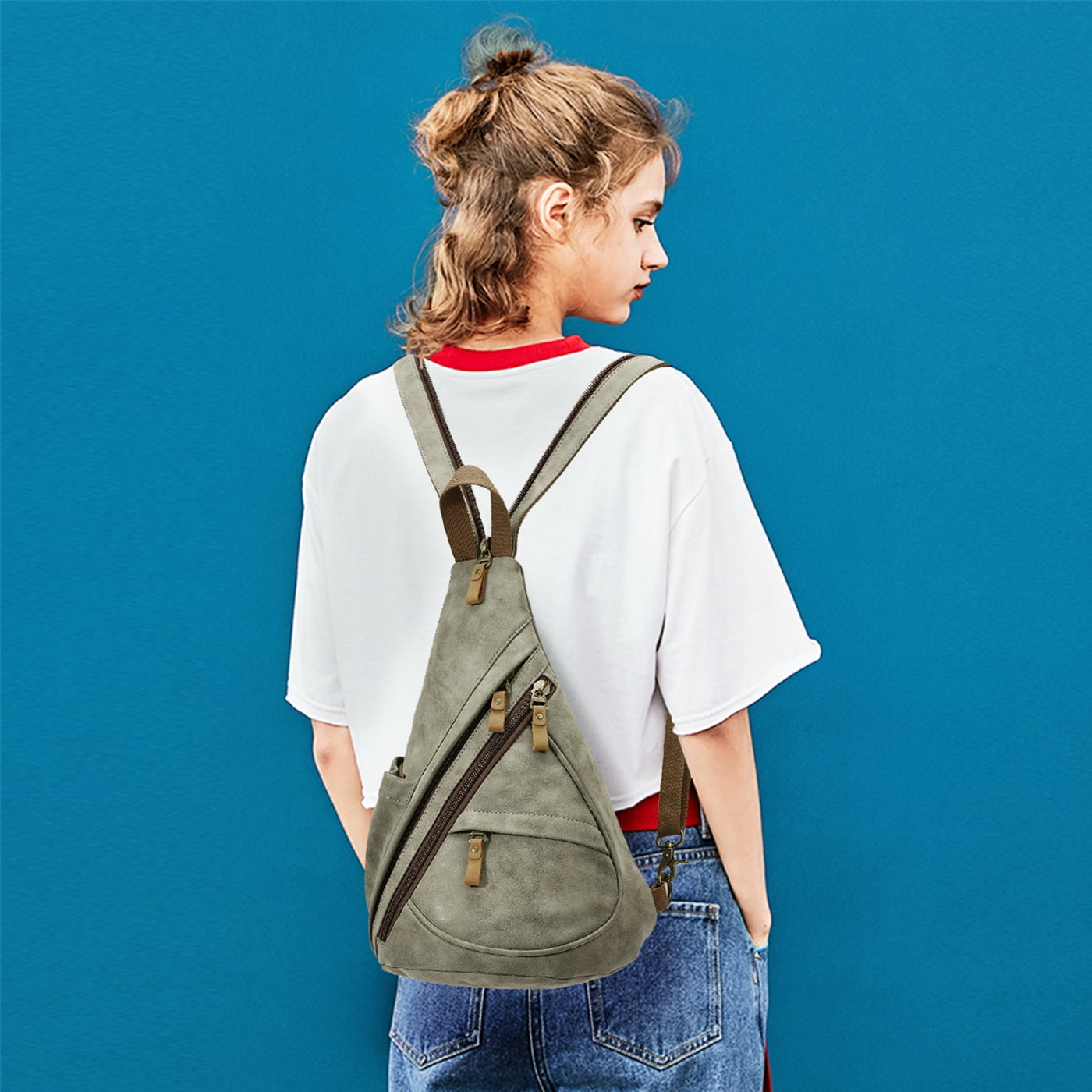 KL928 PU Leather Crossbody Backpack Sling Bag Shoulder Casual Daypack Rucksack for Men Women