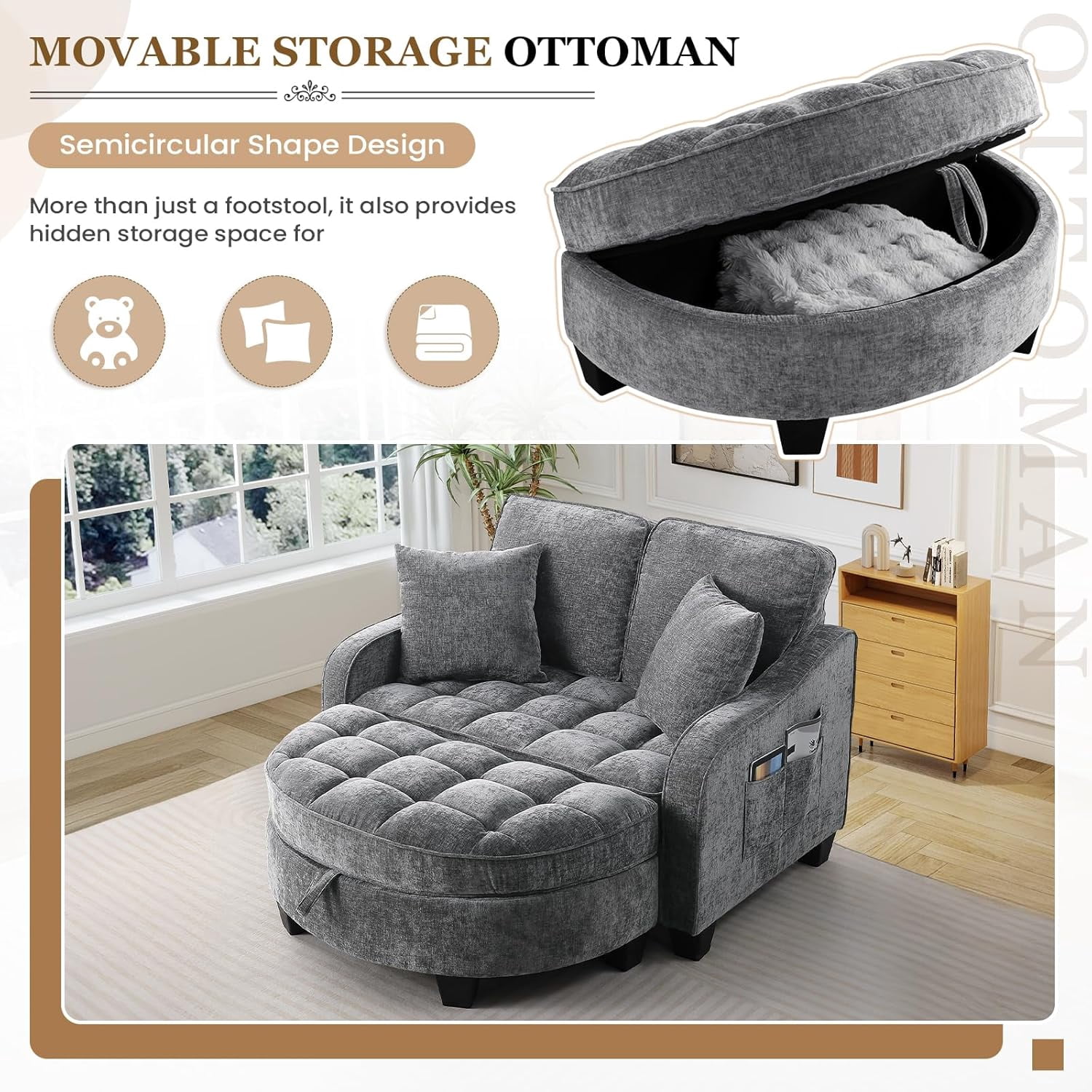 MOONMISS Oversized Chair and A Half, Chenille Tufting Accent Cozy Reading Sofa Chair with Storage Ottoman, Upholstered Loveseat Chaise Lounge Sofa with Adjustable Back for Living Room,Gray